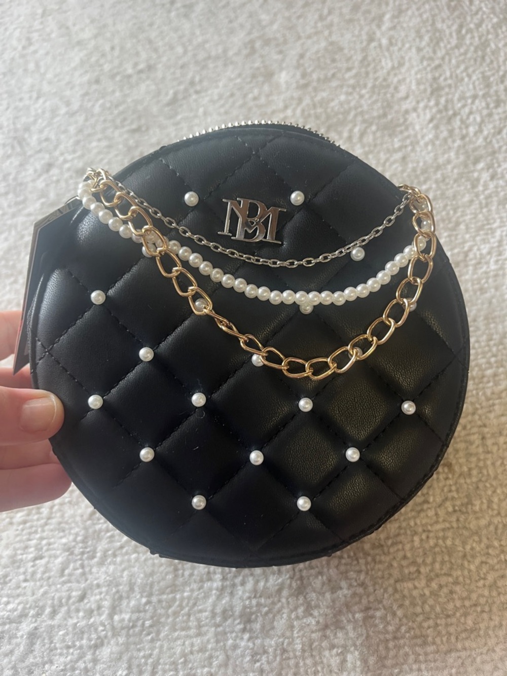 Badgley Mischka Black Quilted Round Mini Bag with Pearl and Gold Chain Accents